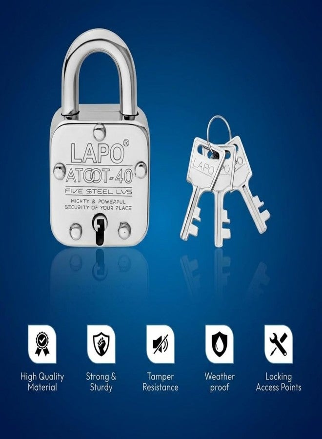 LAPO Heavy-Duty 40mm Steel Body Padlock for Gate, Shutter, Shops & Home, Double Locking System, Hardened Shackle with 5 Brass Levers, 3 Keys with High Security Lock-3 Years Warranty (Pack of 1) - Image 3